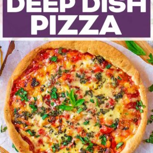 Chicago deep dish pizza with a text title overlay.