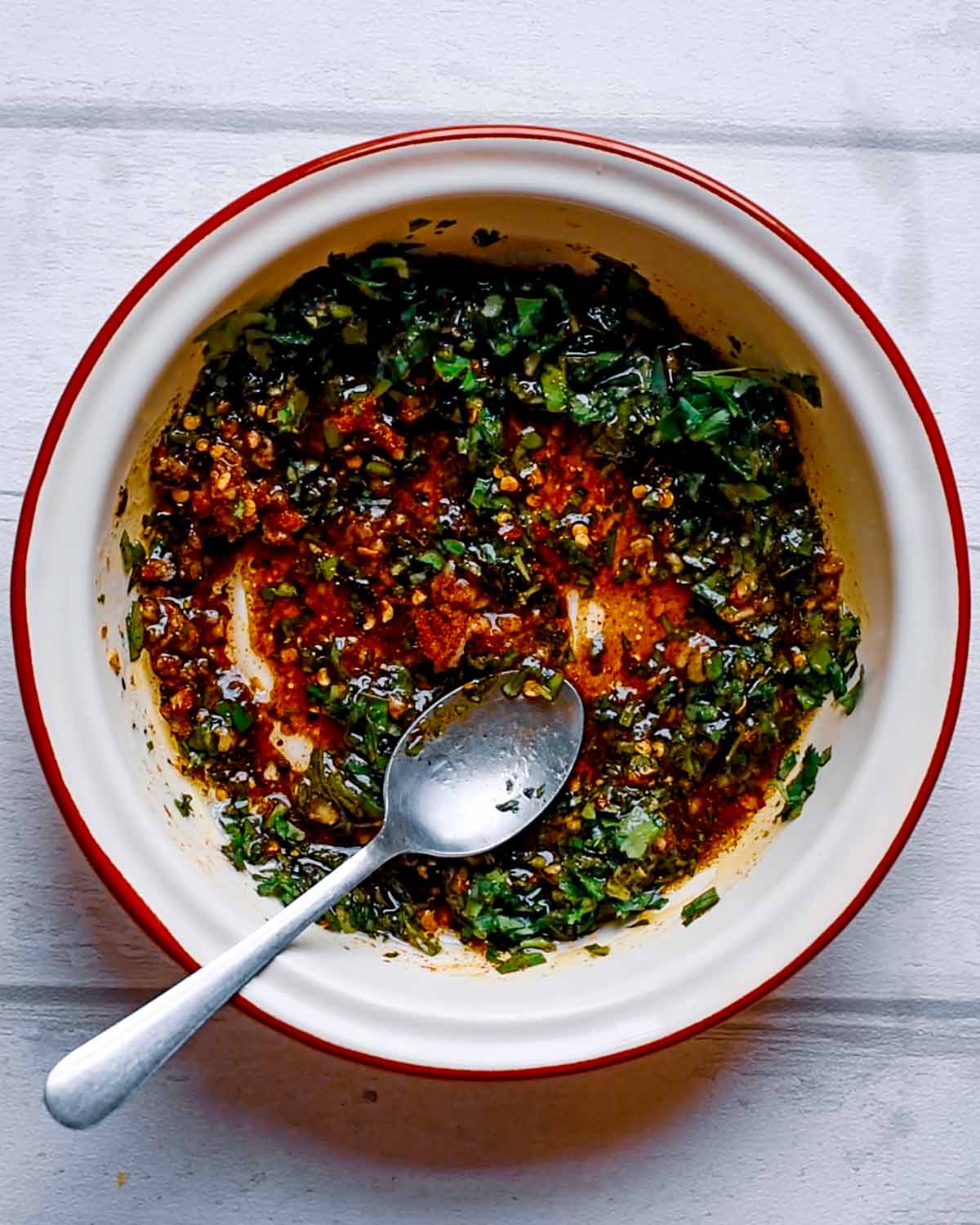Chermoula dressing in a large bowl.
