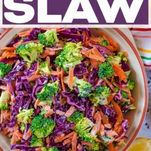 A bowl of broccoli slaw with a text title overlay.