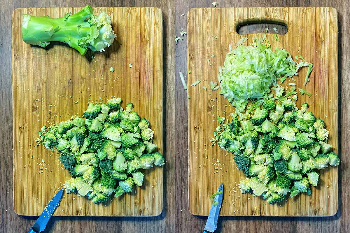 Two shot collage of broccoli on a chopping board, first with florets cut off then with stalk grated.