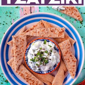 Tzatziki with a text overlay title.