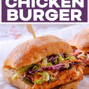 Cajun chicken burger with a text title overlay.