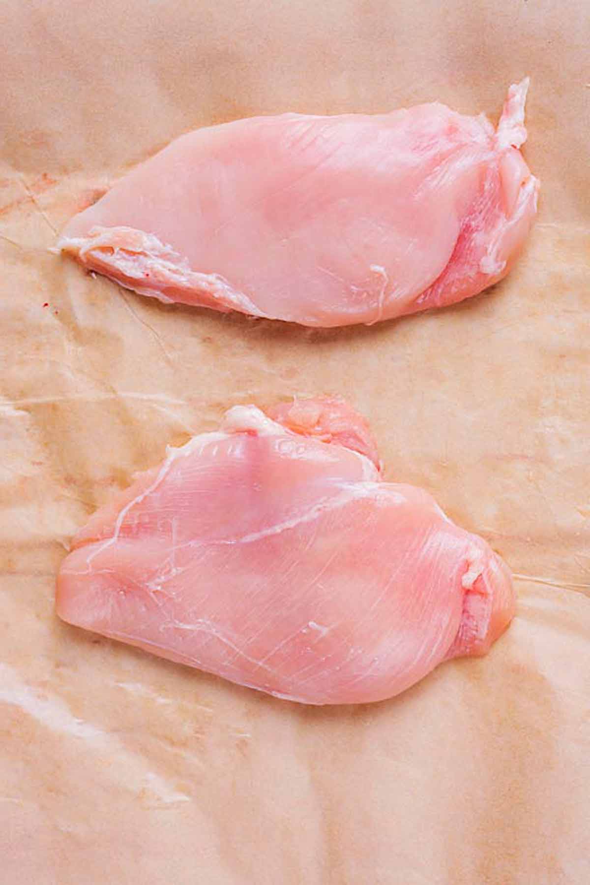 Two flattened chicken breasts on baking paper.