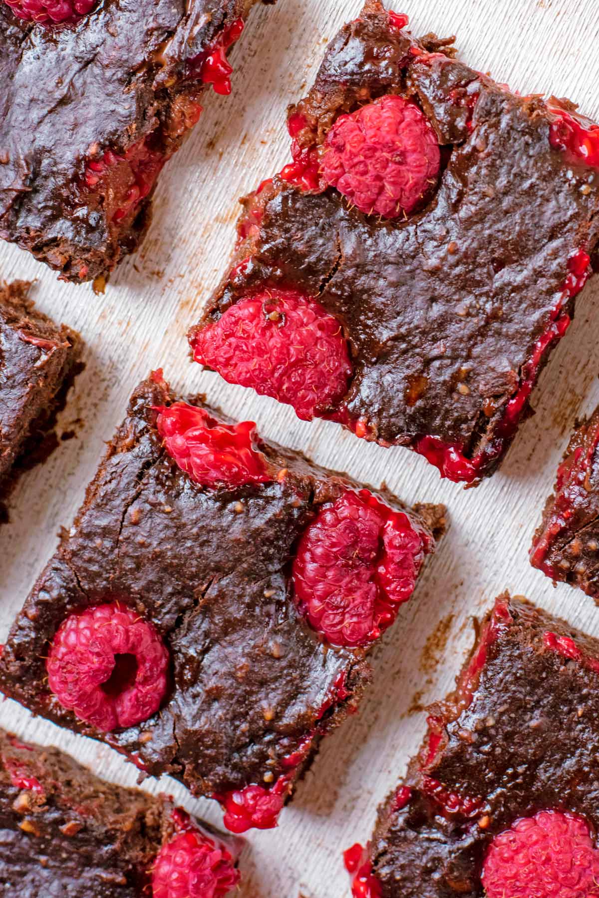 Chocolate Raspberry Brownies cut into squares.