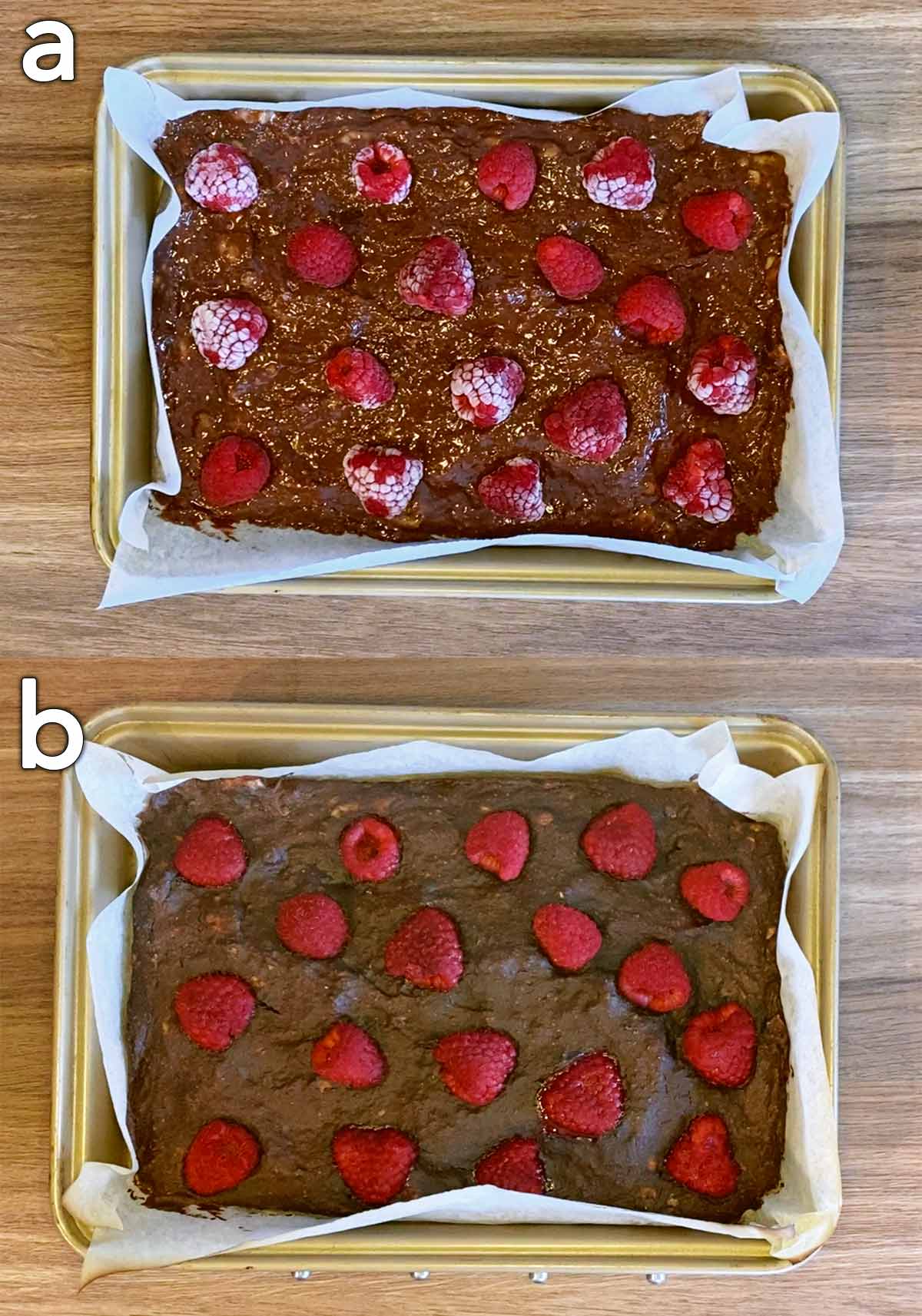 Two shot collage of raspberries on top of the batter, then the brownies cooked.
