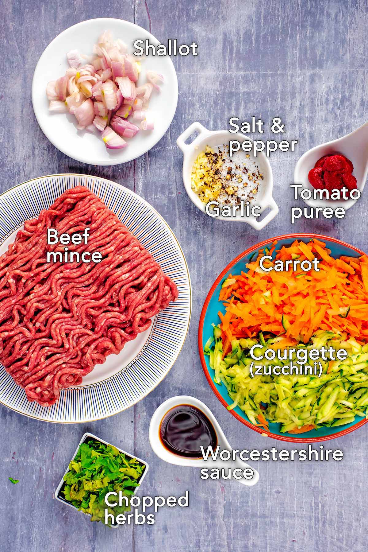 All the ingredients needed for this recipe with text overlay labels.