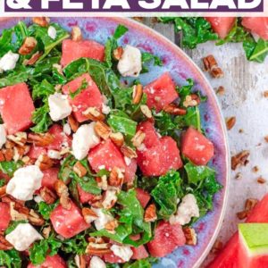 Kale and watermelon salad on a plate with a text title overlay.