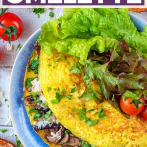 Mushroom omelette with a text title overlay.