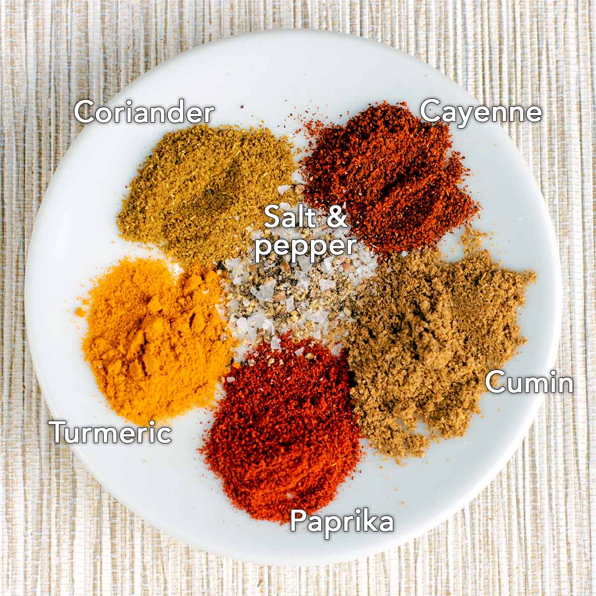 A plate of seven spices and seasonings with text overlay labels.