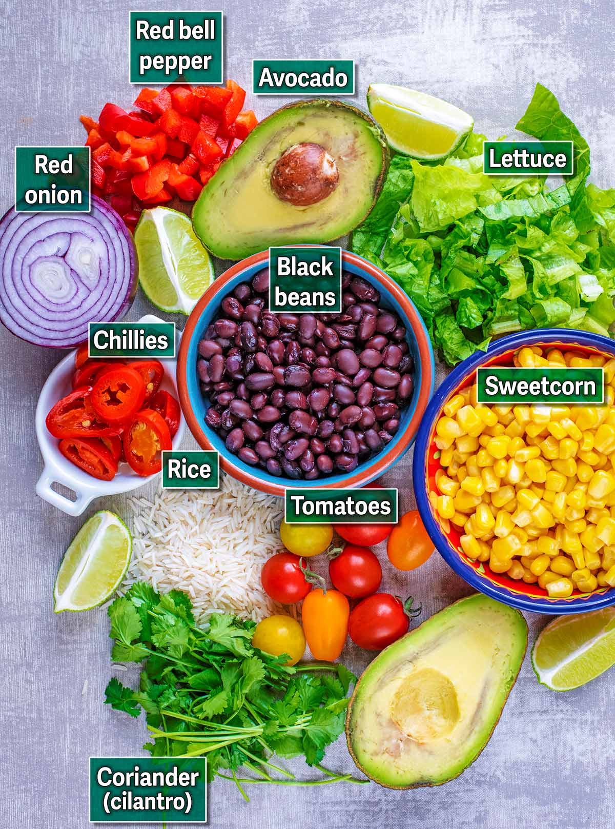 All the ingredients needed for this recipe with text overlay labels.