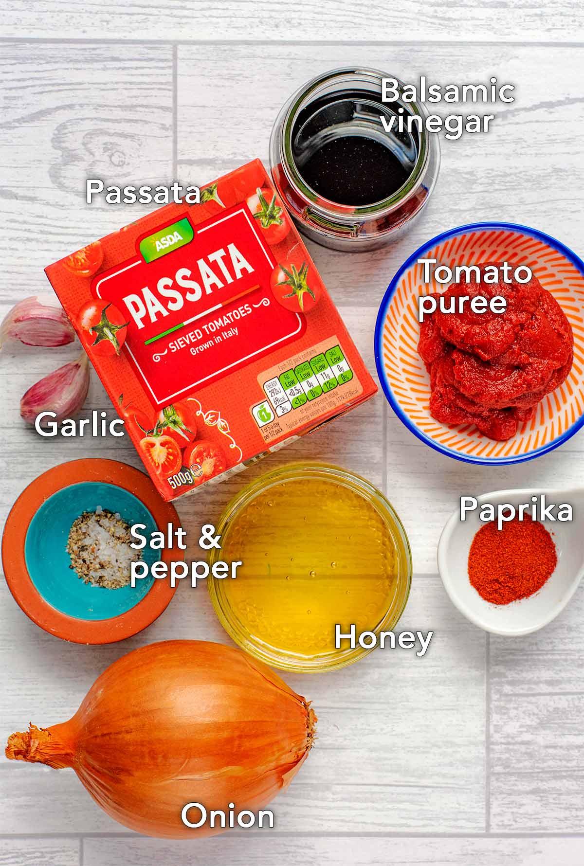 All the ingredients needed for this recipe with text overlay labels.