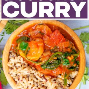 Prawn Tomato and coconut curry with a text title overlay.