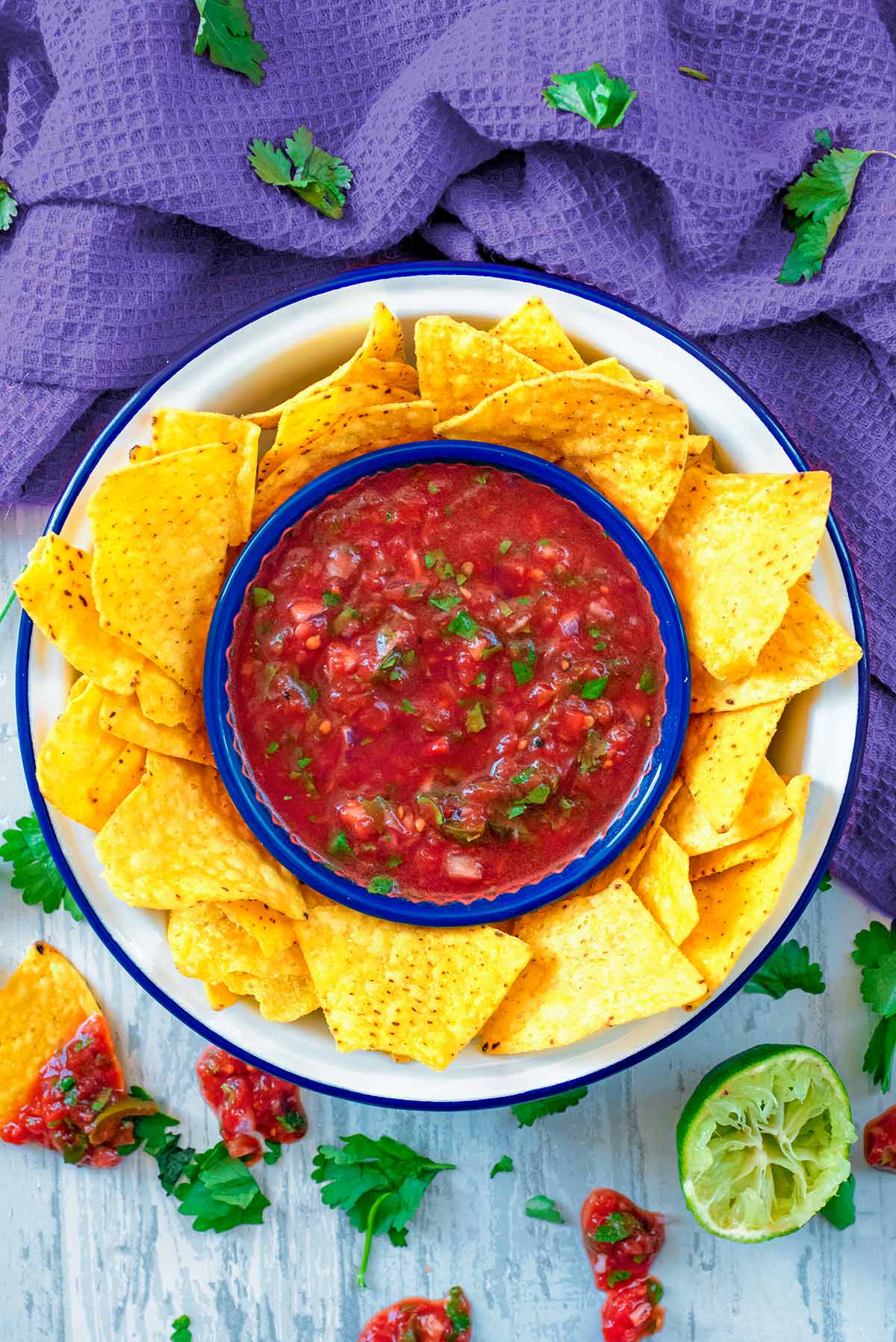 A bowl of tomato salsa surrounded by tortilla chips.