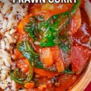 Prawn coconut curry with a text overlay title.