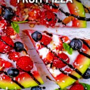 Watermelon fruit pizza with a text overlay title.
