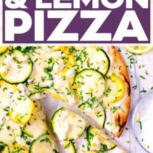Courgette and lemon pizza with a text title overlay.