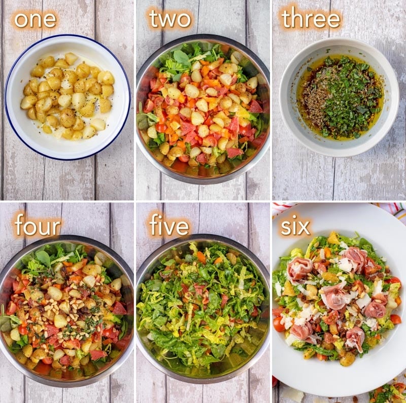 Six photo collage of the steps to make this salad.