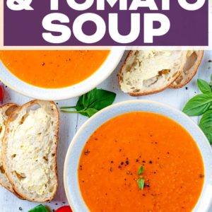 Red pepper and tomato soup with a text title overlay.