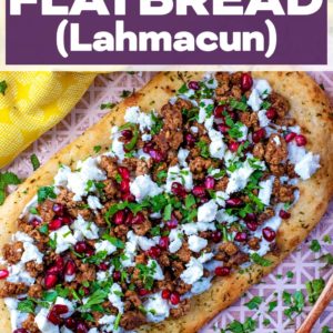 Spiced lamb flatbread with a text title overlay.