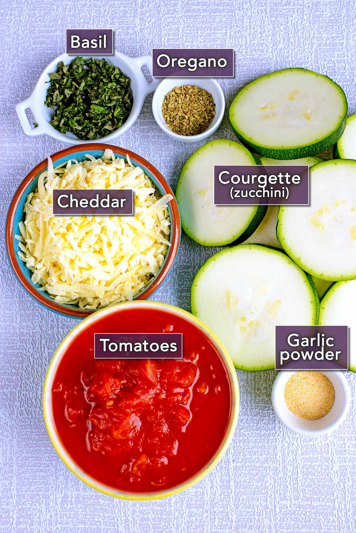 All the ingredients needed for this recipe with text overlay labels.