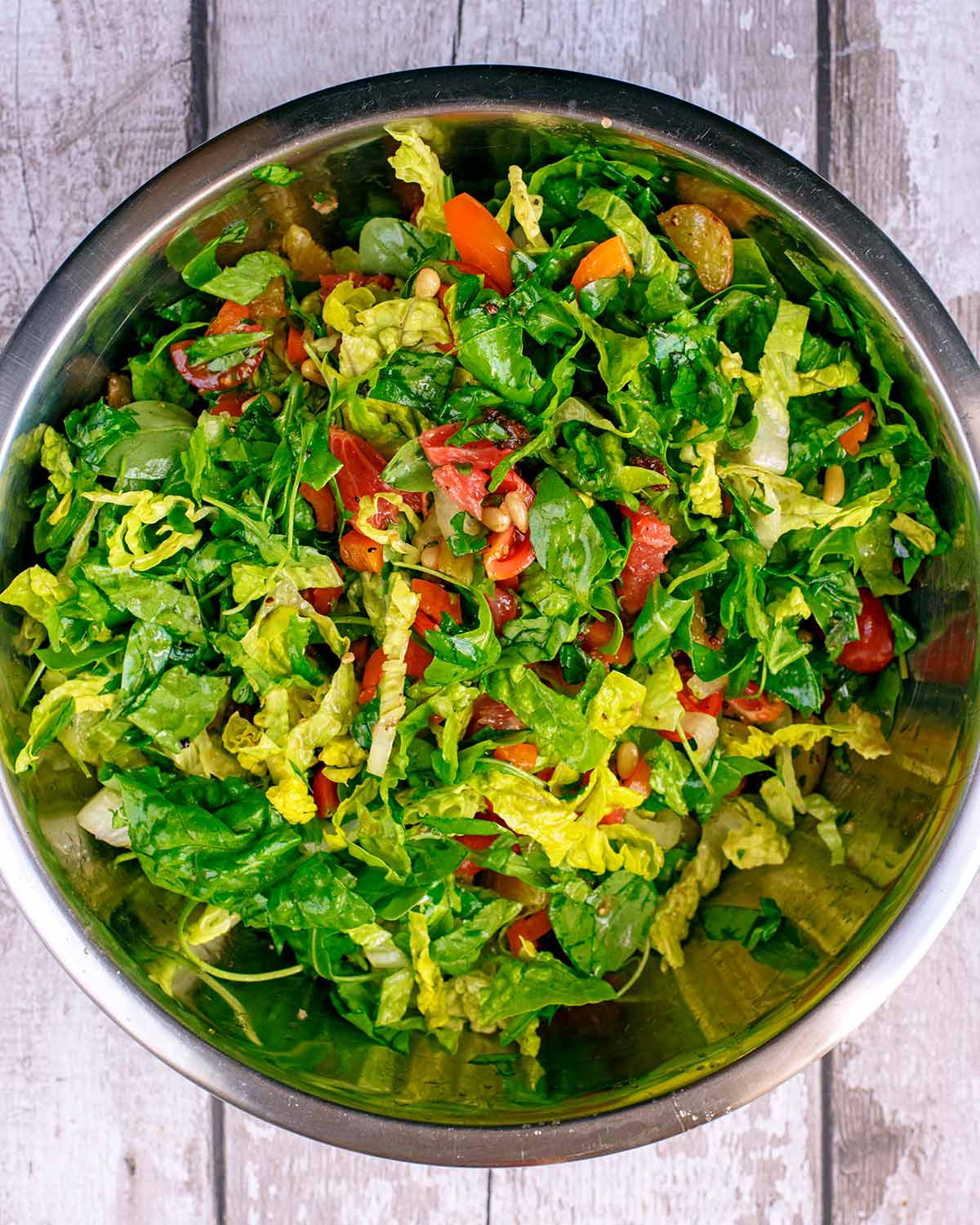 Everything mixed in the bowl.