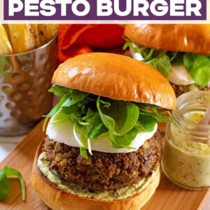 Quorn pesto burgers with a text title overlay.