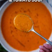 Roasted red pepper and tomato soup with a text overlay title.