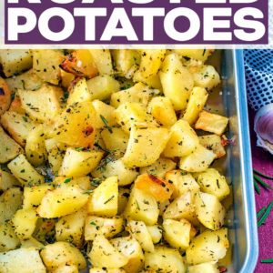 Garlic and Rosemary Roasted Potatoes with a text title overlay.