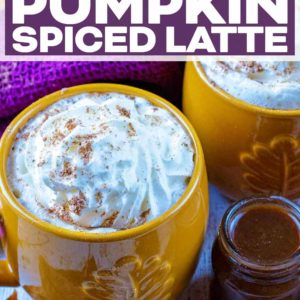 Healthy pumpkin spiced latte with a text title overlay.