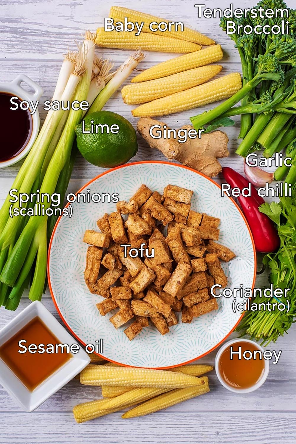 A plate of tofu surrounded by baby corn, spring onions, herbs and sauces.