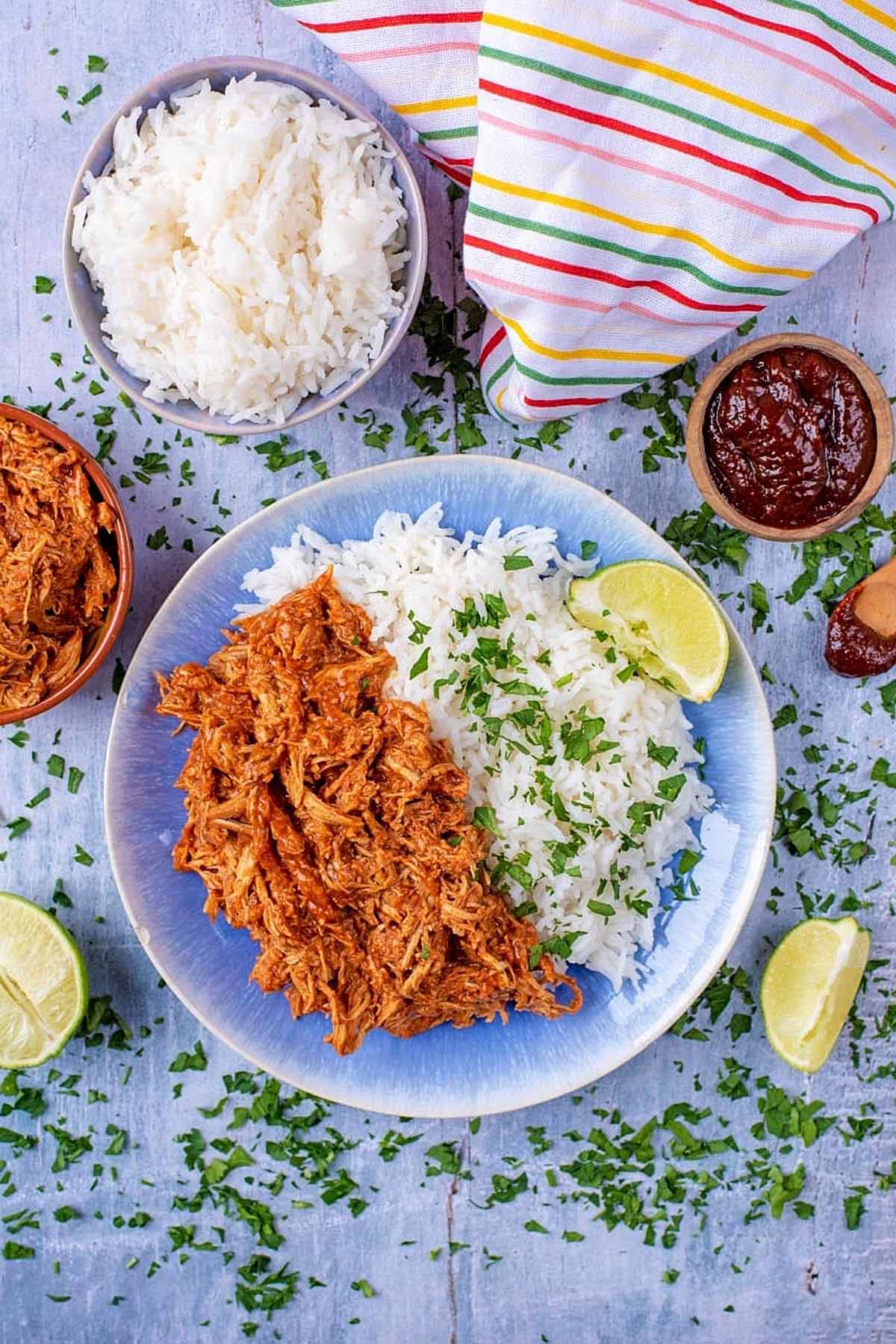 A plate of shredded BBQ Chicken and rice next to a striped towel.