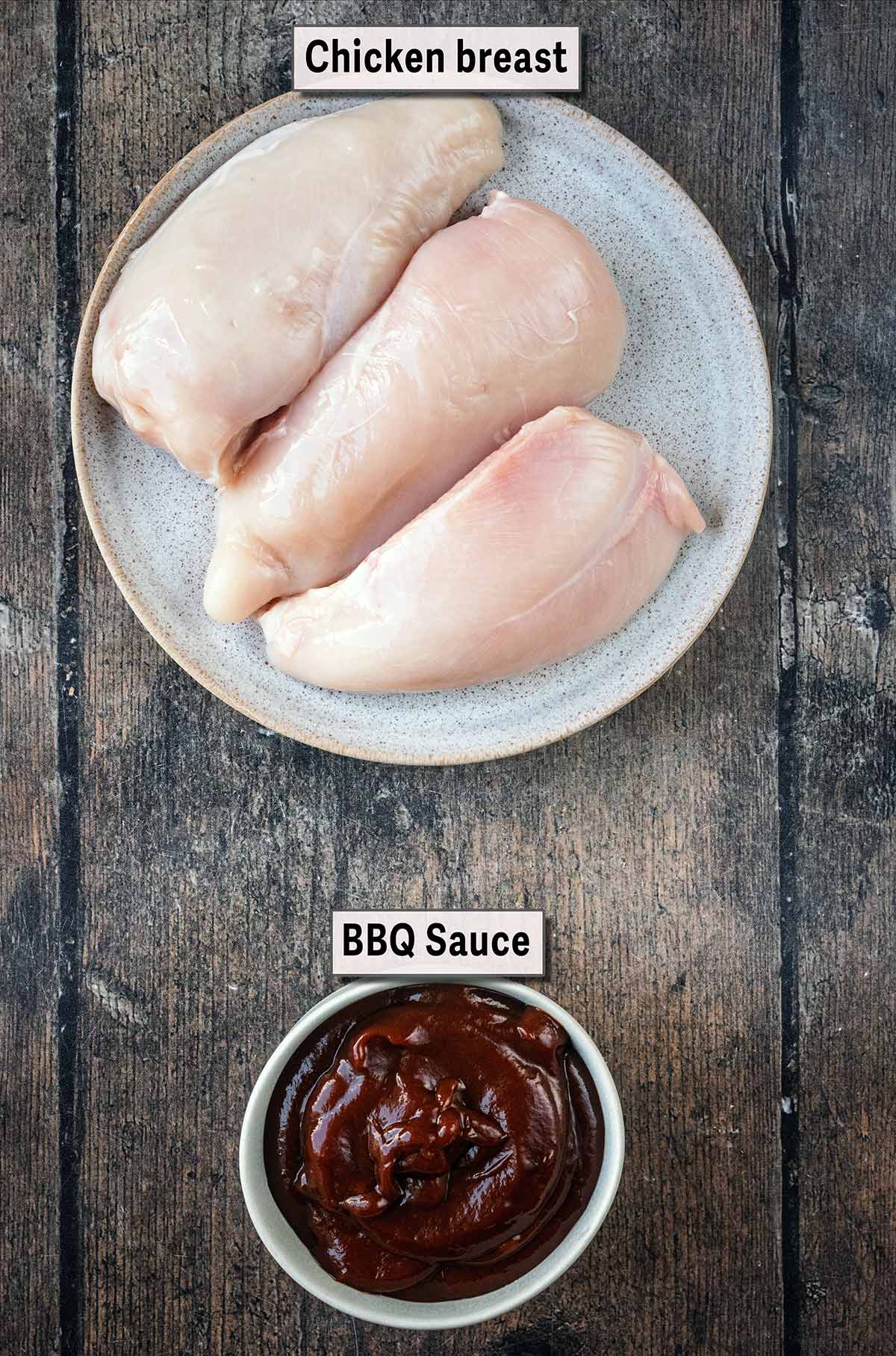 A plate of raw chicken breasts and a bowl of barbecue sauce, both with overlay labels.