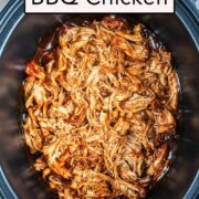 Slow cooker BBQ chicken with a text title overlay.