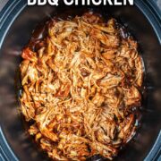 Slow cooker BBQ chicken with a text title overlay.