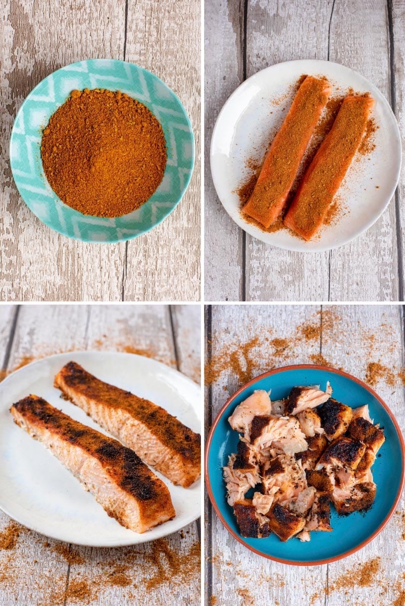 Four shot collage of spice mix, salmon fillets and then cooked and flaked salmon.