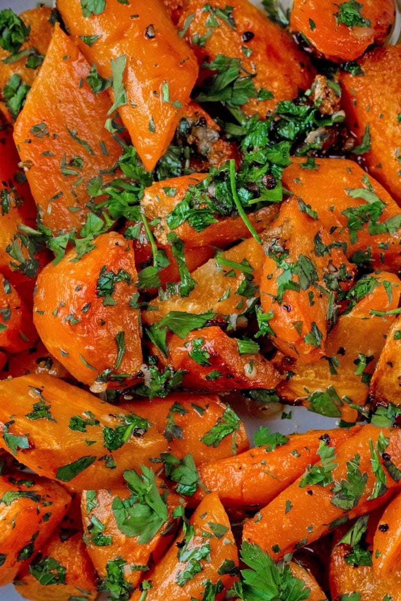 Roasted Carrots with chopped parsley sprinkled on top.