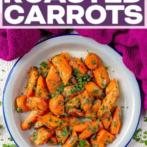 Roasted carrots with a text title overlay.