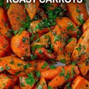 Roasted carrots with a text overlay title.
