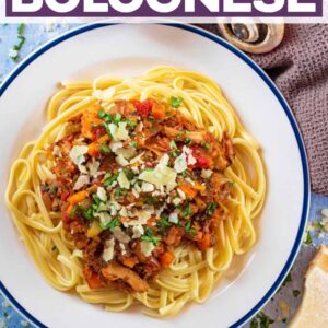 Mushroom bolognese with a text title overlay.