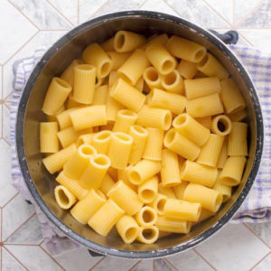 Rigatoni pasta in a saucepan
