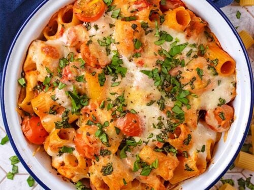 A white bowl with a blue rim containing Creamy Tomato Chicken Pasta Bake.