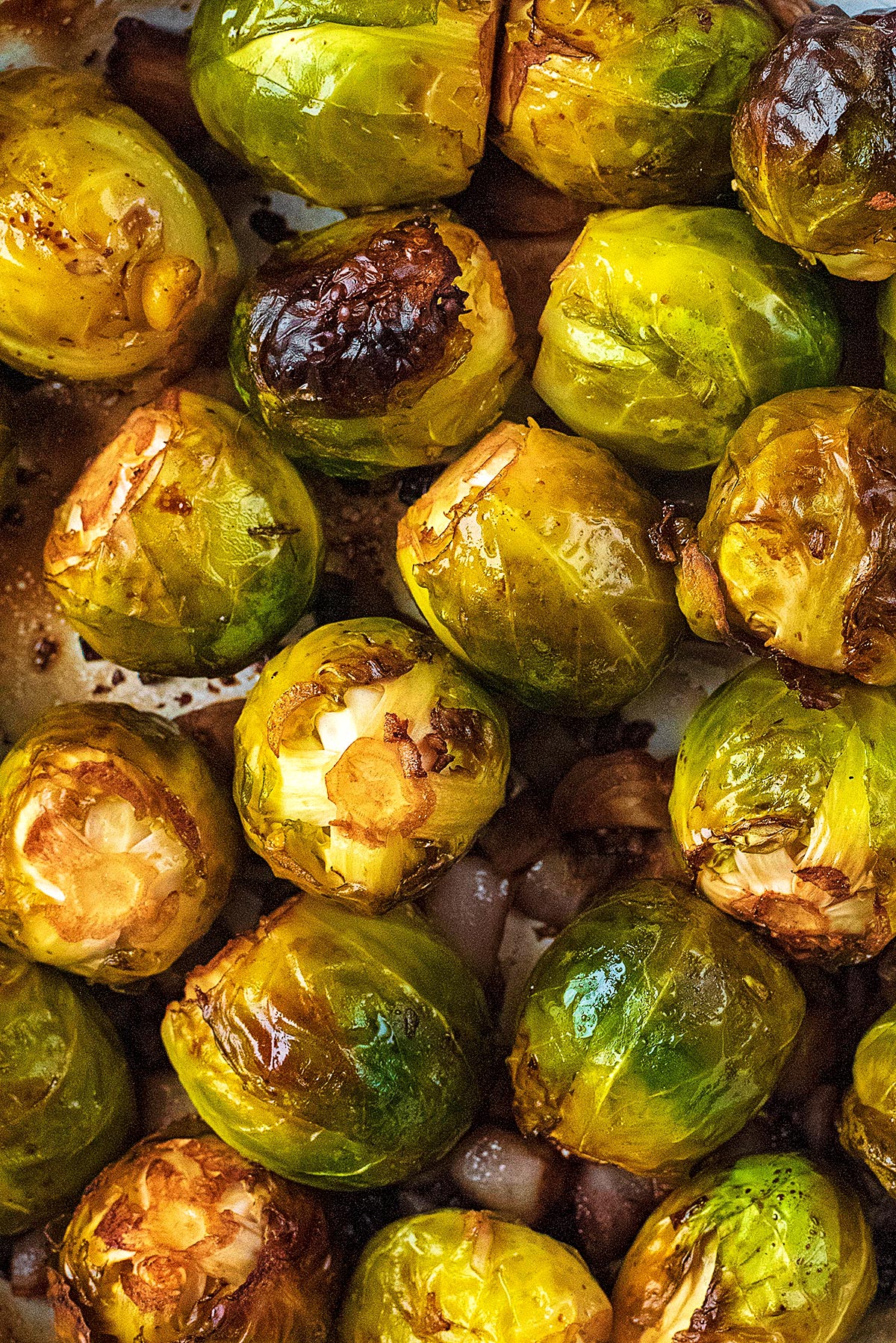 Balsamic Roasted Brussels Sprouts with charred leaves.