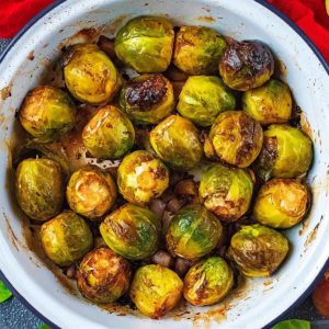 Balsamic Roasted Brussels Sprouts in a round baking dish.