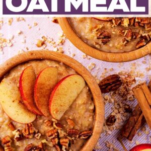 Apple pie oatmeal with a text title overlay.