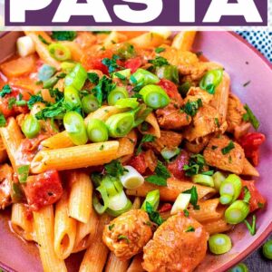 Cajun chicken pasta with a text title overlay.