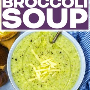 A bowl of creamy broccoli soup with a text title overlay.