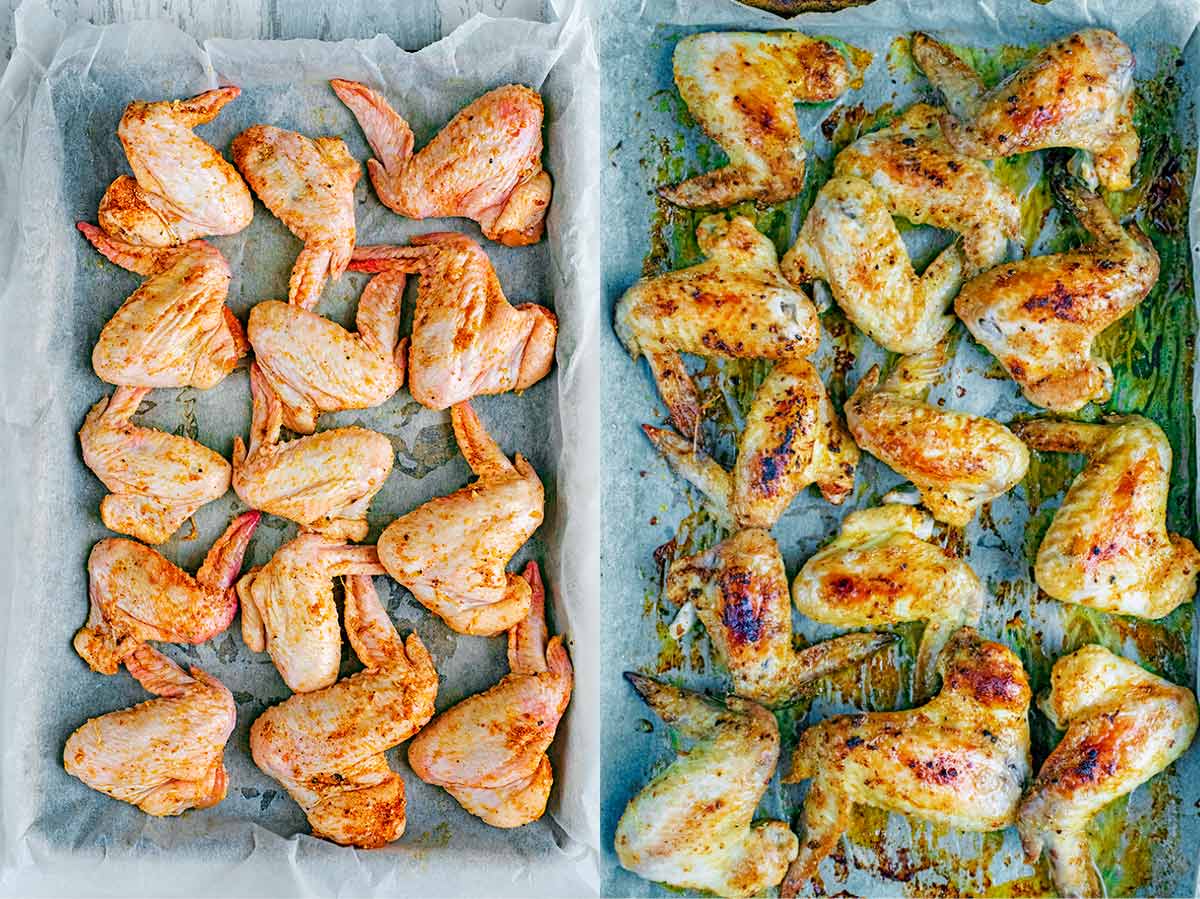 Two shot collage of chicken wings on a lined baking tray, before and after cooking.
