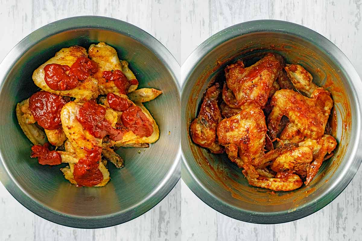 TWo shot collage of cooked chicken wings and barbecue sauce in a bowl, before and after mixing.