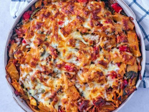 Cooked pasta bake in a large baking dish.