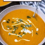 Butternut squash and sweet potato soup with a text overlay title.